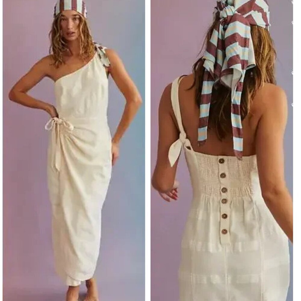 New! Free People Linen Textured One-Shoulder Midi Wrap Dress 20954
